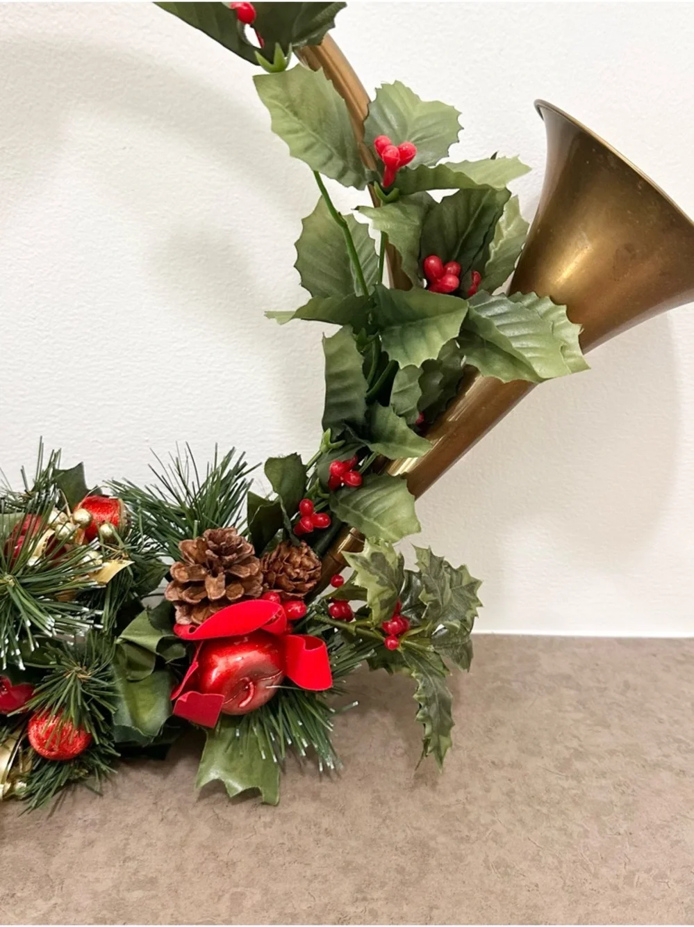 Large Holiday Brass French Horn Wreath Holly Berry Pine Accents Christmas Wreath